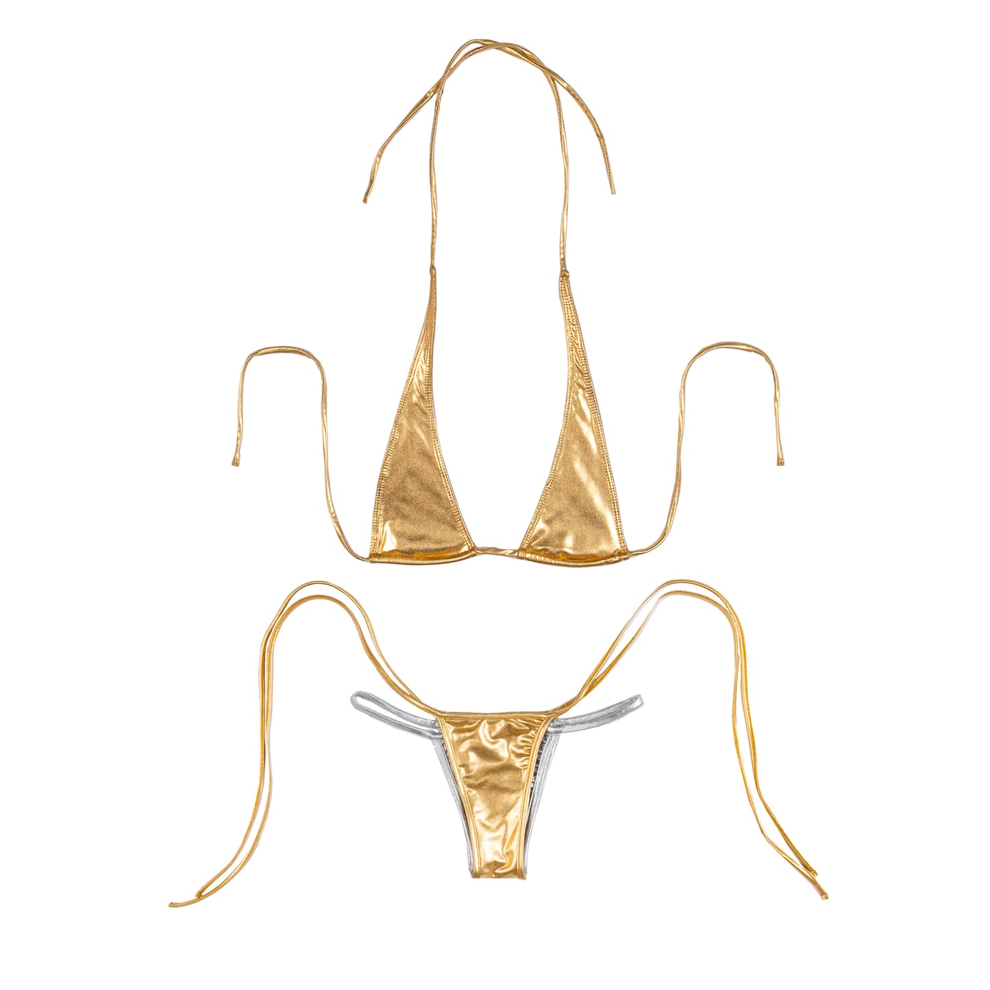 TWO-TONE METALLIC DOUBLE BOTTOM BIKINI SET